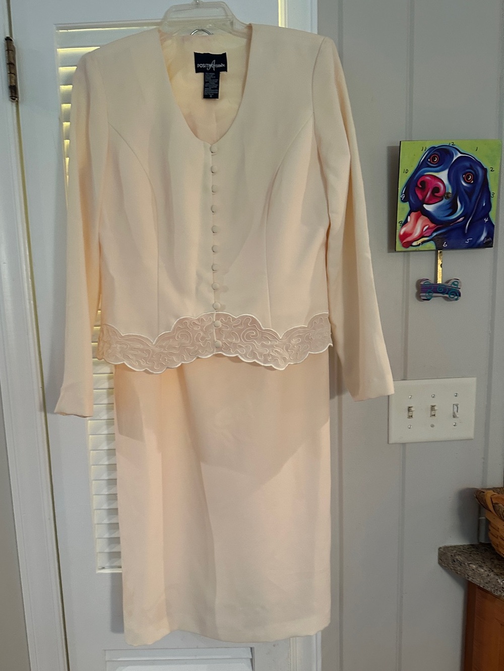 Positive Attitude Women's Cream Midi Skirt Suit with Lace Trim